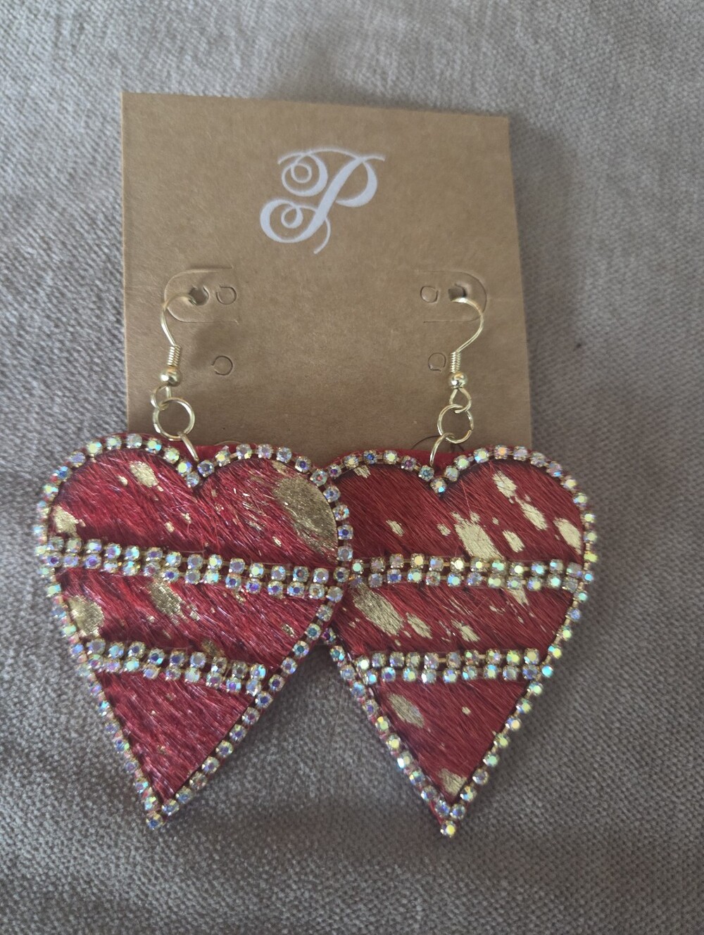 New Plunder Red and Gold Heart Drop Earrings with Rhinestone Accents